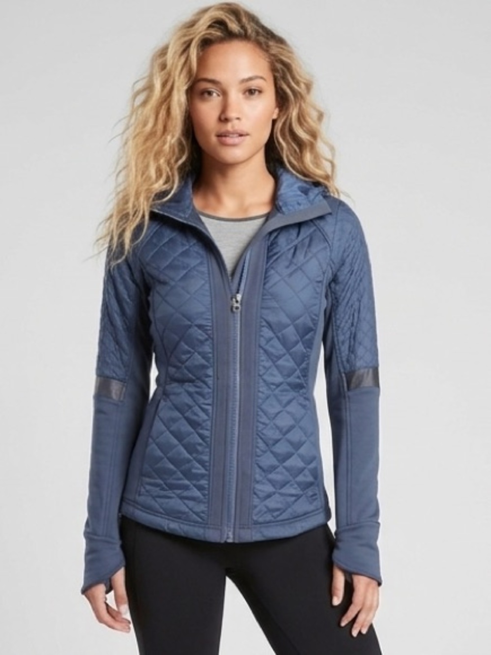 Athleta Rock Springs Quilted Jacket Iron Blue XS Full Zip Hooded Performance
